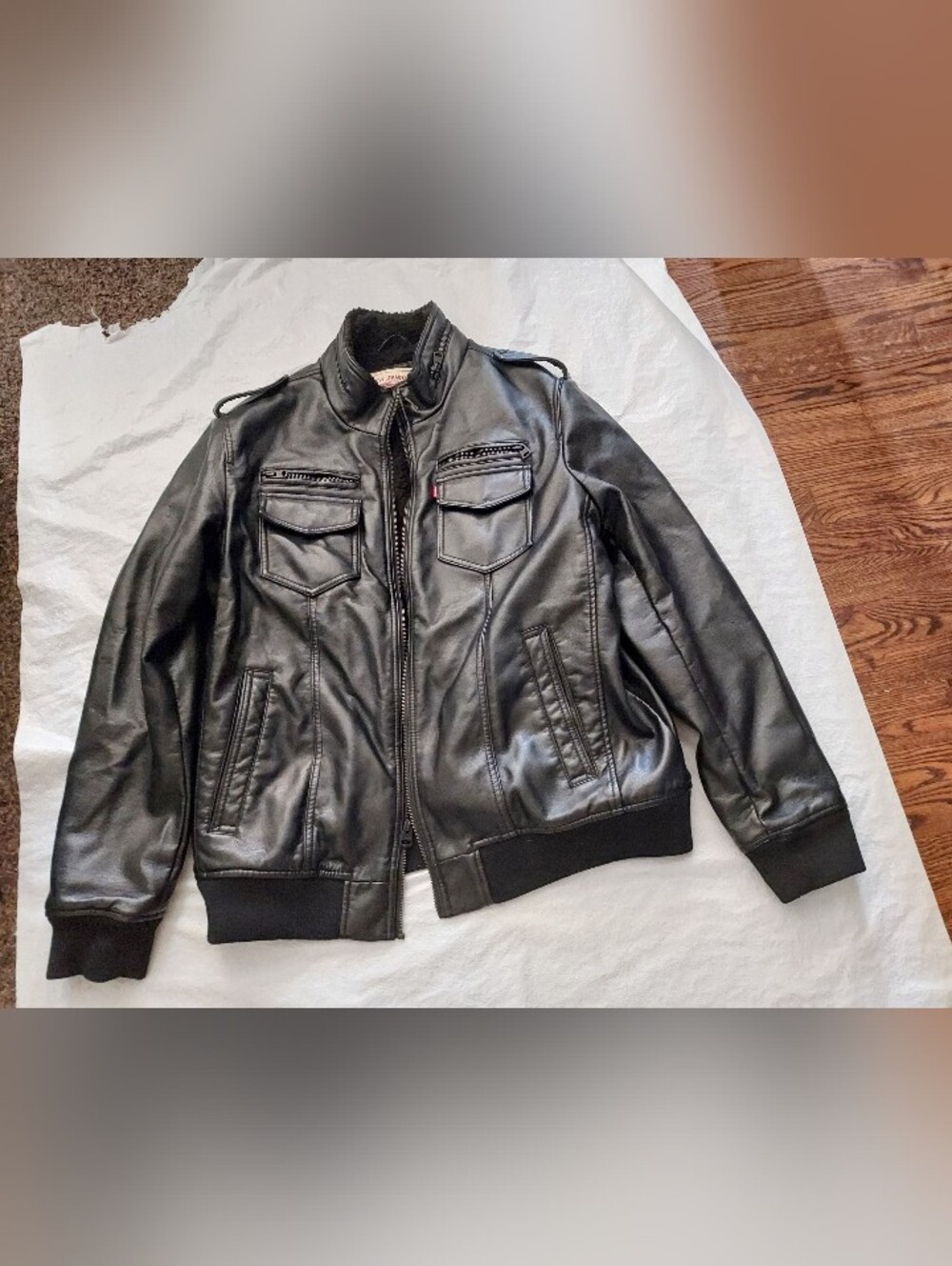 Men's Black Faux Leather Bomber Jacket with Zip Front